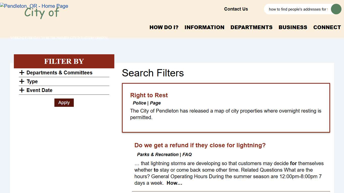Search Filters Pendleton OR